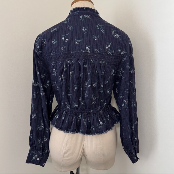 Pilcro Anthropologie Small Blue Floral Button Down Peplum Babydoll Blouse Top - Picture 4 of 9